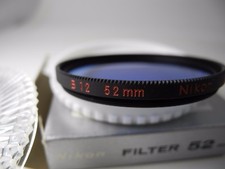 NIKON FILTER, 52MM B12 BLUE/WITH RED SCRIPT HEAVY BRASS RING BOXED W/CASE