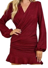 Burgundy V-Neck Surplice Wrap Front Dress