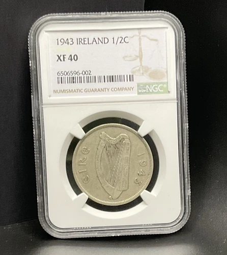 1943 Ireland RARE Coin 1/2 CROWN XF40 Irish Harp Obverse , Horse Reverse NGC