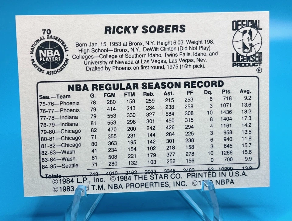 1985-86 Star RICKY SOBERS Seattle SuperSonics #70 Basketball Card -FREE SHIPPING - Image 2 of 2