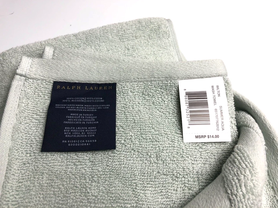 Ralph Lauren SET of 2 Wilton SUMMER AQUA Green Cotton Face Towel Washcloths - Image 2 of 3