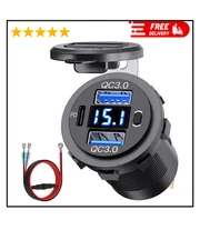 12V-24V PD + QC3.0 Dual USB Car Fast Charger Power Socket Outlet LED Voltmeter