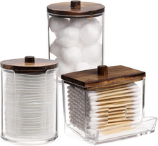 Bathroom Organizer Accessories Set-10 OZ Qtips Holder Storage with Wood Lids, Co