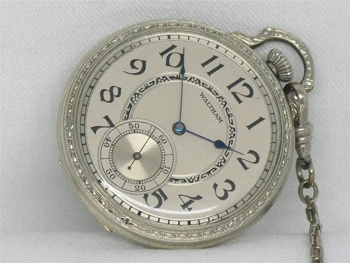 ANTIQUE GENTS 12 SIZE WALTHAM 14K WHITE GOLD FILL POCKET WATCH & CHAIN, SERVICED