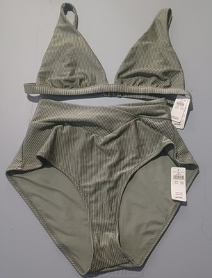 Aerie 2pc Swimsuit M High Waist Full Coverage Bottom Triangle Top Sage Green