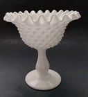 Vintage Hobnail Milk Glass Ruffled Edge Compote Candy Dish - 5 3/4 inches tall