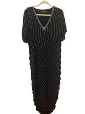 1980s Judith Ann Creations Silk Sparkle Dress Beaded Caftan Scalloped Hem VTG