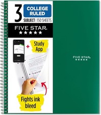 Five Star Spiral Notebook  Study App, 3 Subject, 1 Count Pack of 1 , Green