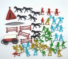 Vintage Cowboy Indians Plastic Toys Colored Canoe Horses Wagon Fences Teepee