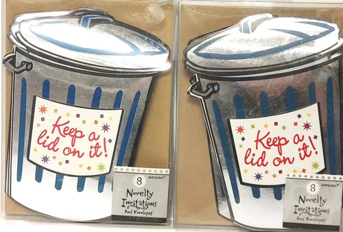 KEEP A LID ON IT Surprise Birthday Party INVITATIONS for 16 guests garbage cans - Picture 1 of 2