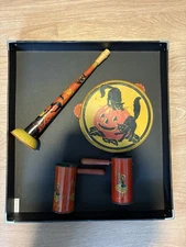 Vintage Lot Of Noisemakers. Halloween Tambourine & Horn + 2 Lady With Umbrella