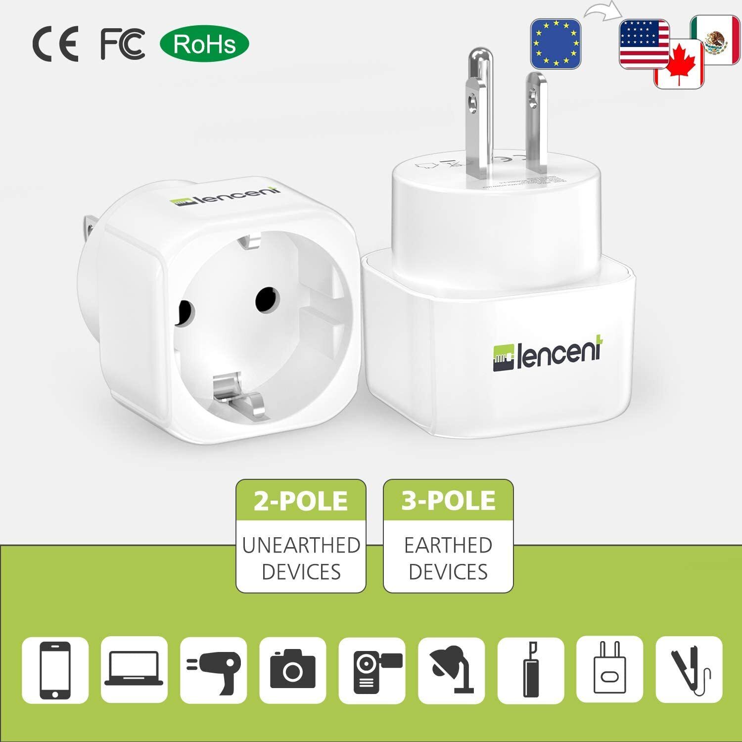 2 Pack Europe to US Plug Adapter, European to USA Adapter, American Outlet Pl...