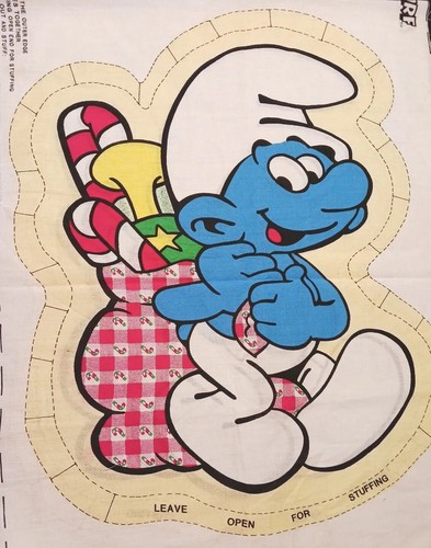 Smurf Christmas Cut N Sew VTG Doll Pillow Pattern Fabric Panel Smurf Candy Cane