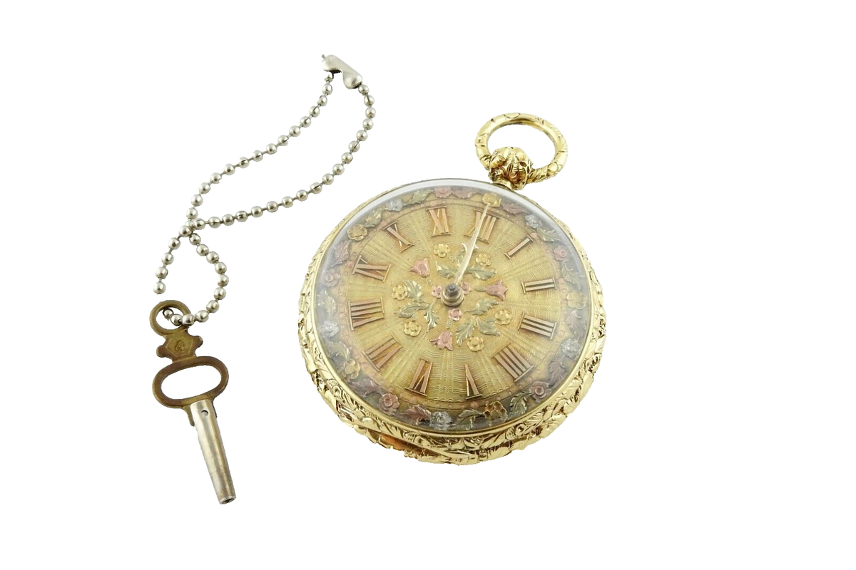Verge Crown Wheel Key Winding 18K Yellow Gold Ornate Pocket Watch