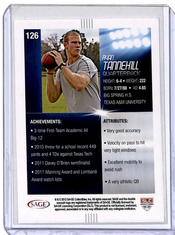 2012 SAGE HIT Ryan Tannehill. Texas A&M Aggies #126 - Image 2 of 2