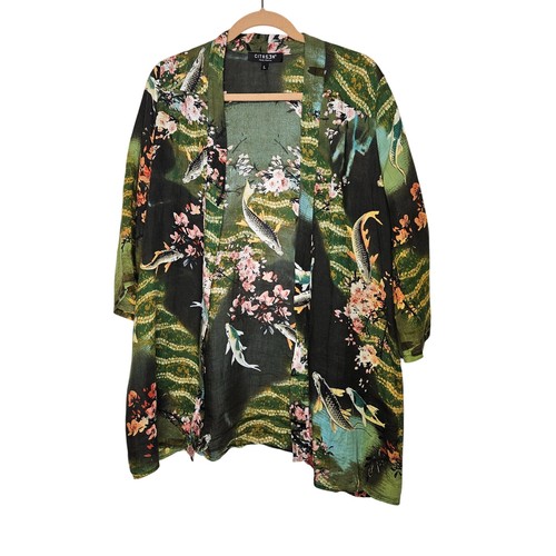 Citron Santa Monica Green Kimono Jacket Koi Cherry Blossom Print L Open Front