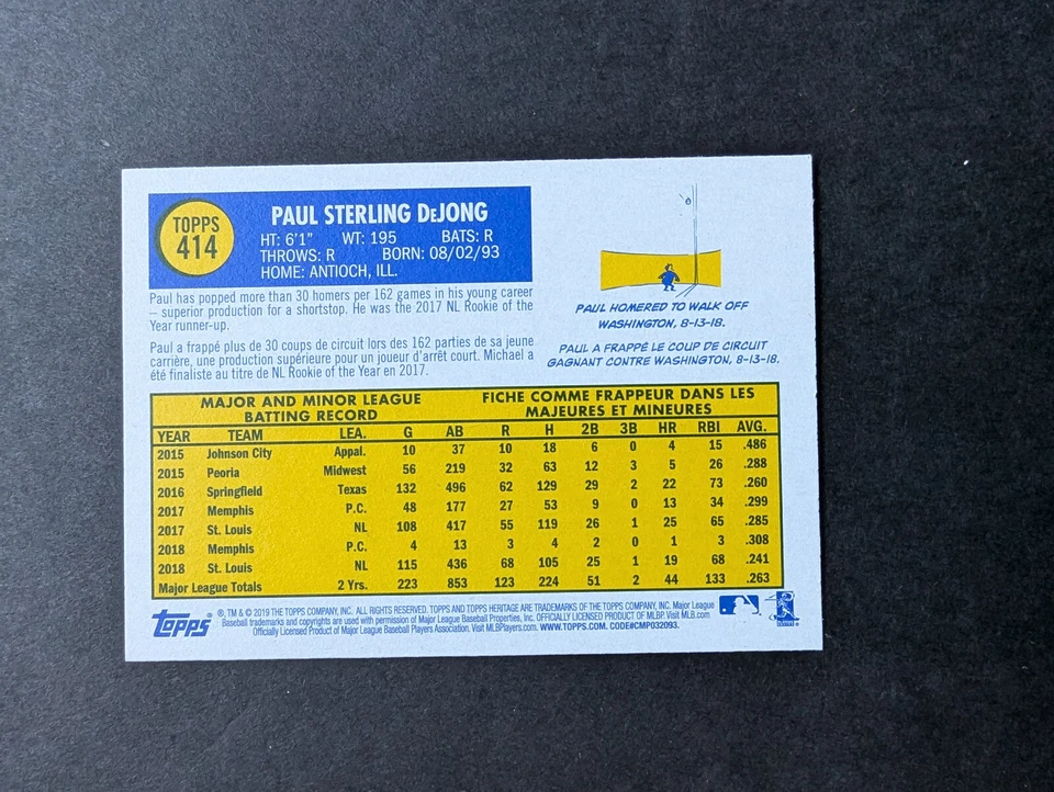 2019 Topps Heritage - Short Print #414 Paul DeJong French Back SP - Image 4 of 4