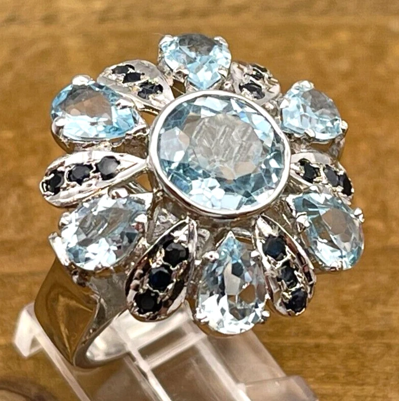 Fine Blue Topaz Sapphire Gems Sterling Silver 925 Ring 14g Sz. 7.5