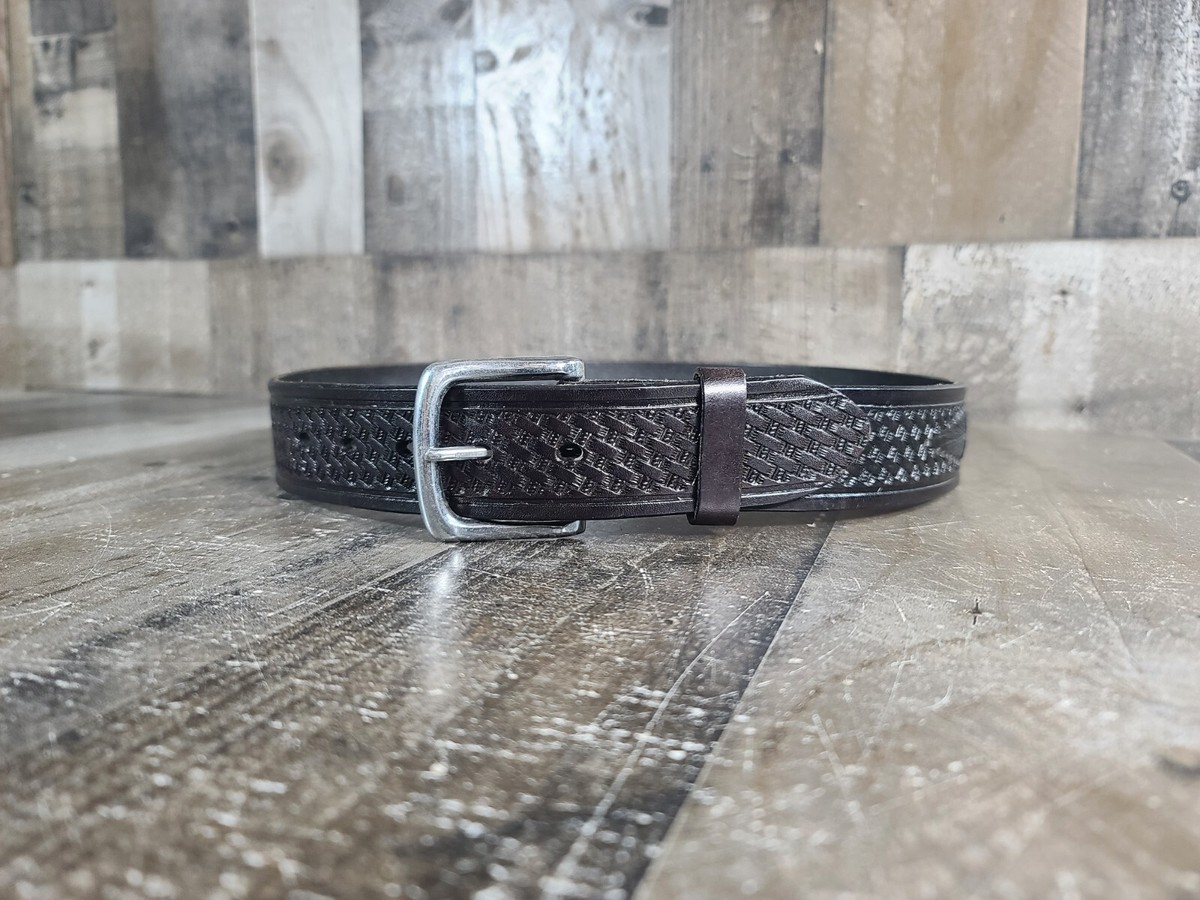 BLACK Leather Belt Basket Weave Silver Buckle Hand Tooled SIZE 32