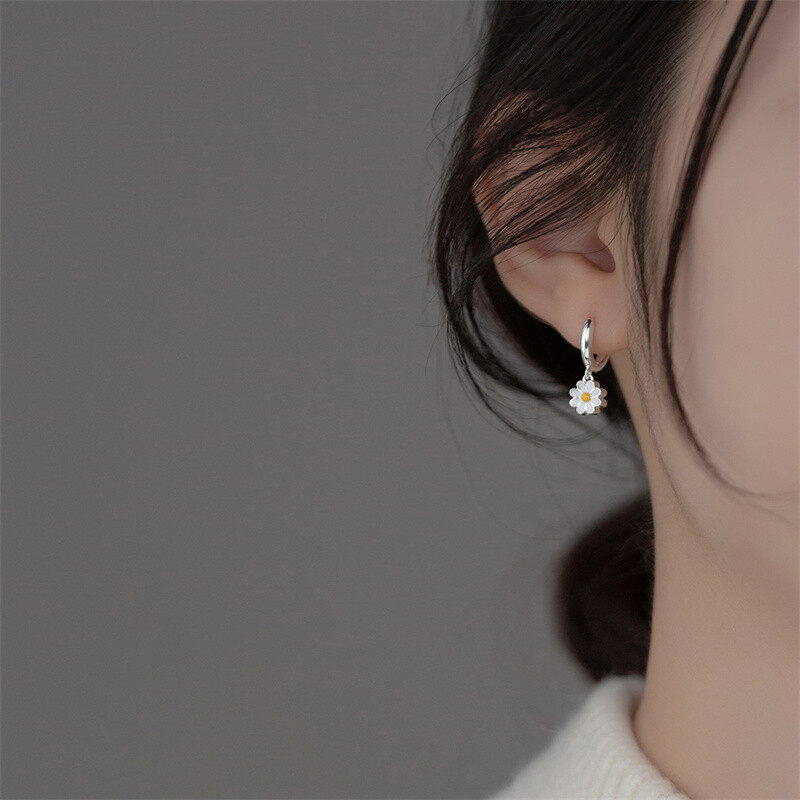 925 Silver Plated Daisy Flower Hoop Earrings Drop Dangle