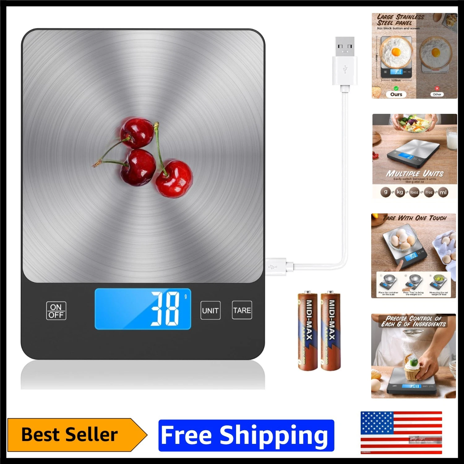 Rechargeable 33lb Digital Kitchen Scale - Precise & Eco-Friendly Cooking Tool