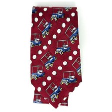 Vintage 90s Golf Red Tie Silk Golf Cart Golf Ball Print Made in USA Barry Wells