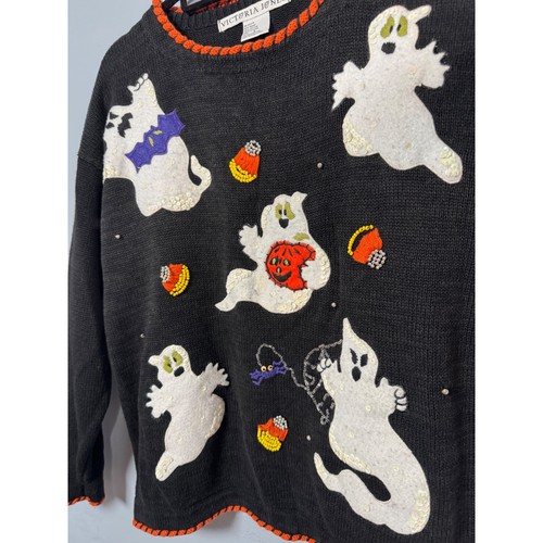 Vintage Victoria Jones Damen L Halloween schwarz Pullover Geister Applikationen Zuckermais - Bild 4 von 14
