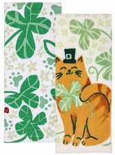 Celebrate St Patrick's Day Cat  Shamrocks Cotton Kitchen Terry Tea Towels 2-pk