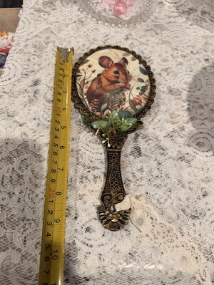 Handmade Decorative Hand Mirror Mouse Illustration Floral 9'' Length