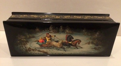 Antique Russian Fedoskino Troika 3 Horse Sleigh Winter Lacquer Box Labeled 60-s