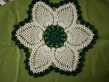 Crochet Doily in Pineapple Design, Round, 13",  Green & White, New