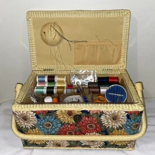 Beginner Sewing Basket Woven Padded Butter Yellow Floral Mums Fabric w Supplies