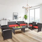 8PCS Patio Conversation Set Outdoor Rattan Furniture Set w/ Red Cushions