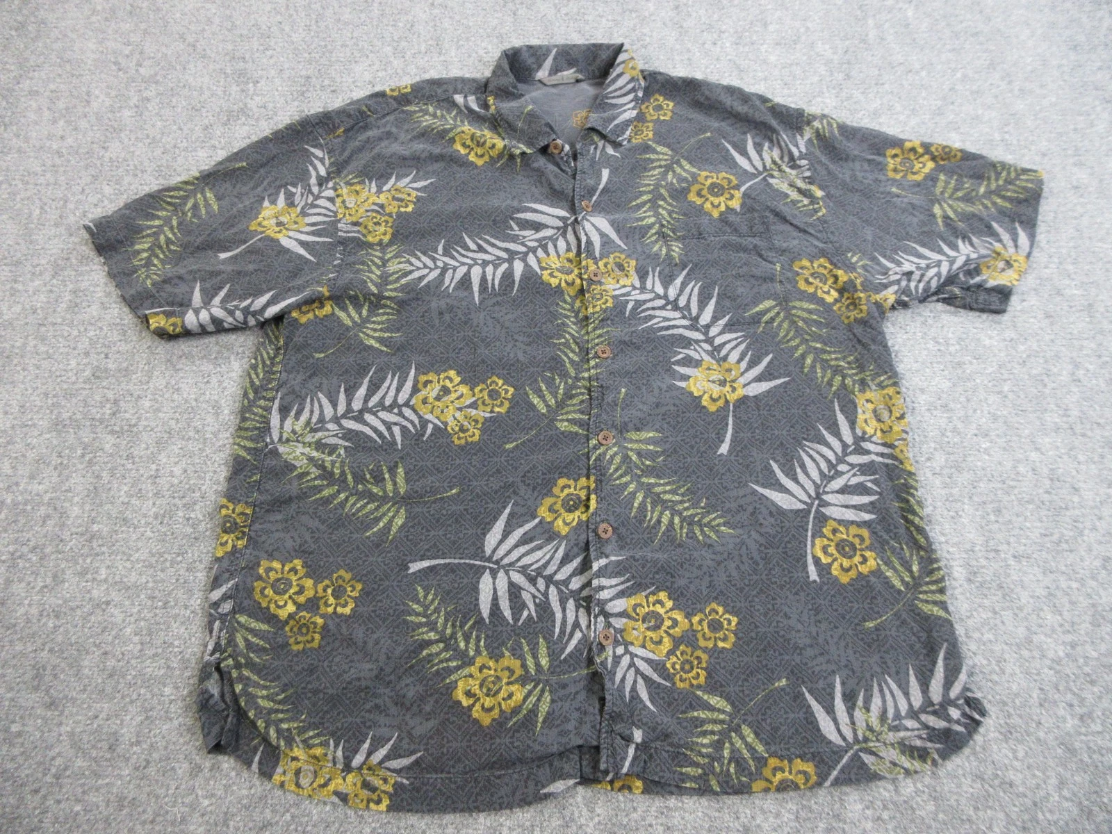 Tommy Bahama Shirt Mens 2XL Gray Yellow Silk Floral Hawaiian Button Up Casual