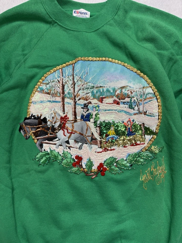 Suéter Feo Navidad Joan Studwell Años 90 De Colección Pintado a Mano Brillo Grande Verde Foto 2 de 4