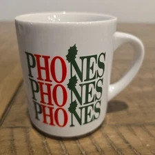 Vintage Northern Telecom Christmas Ceramic Coffee Mug Phones Ho Ho Ho Red Green