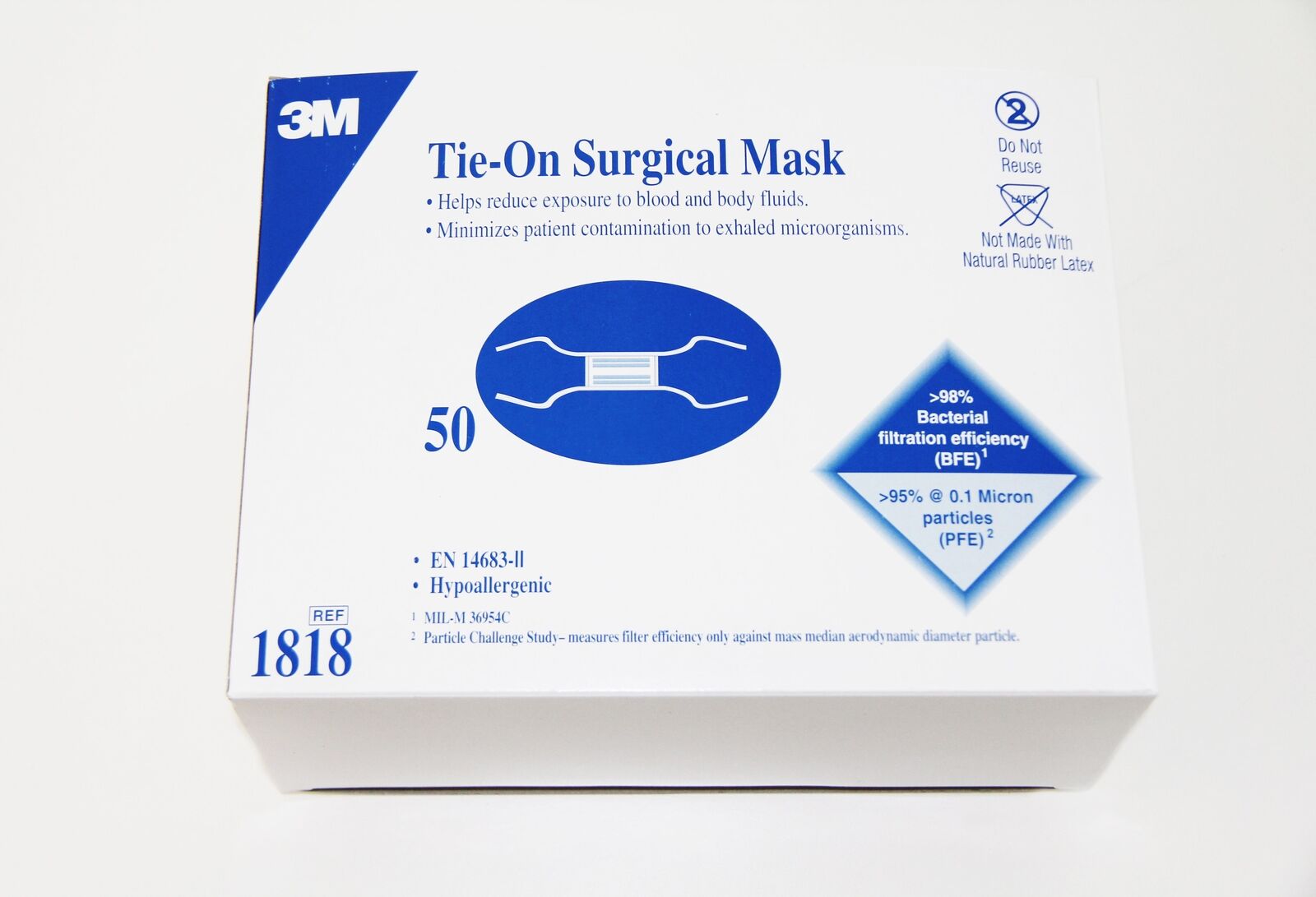 3M Espe 1818 Tie-On Surgical Face Masks Blue Bfe 99% Latex Free 50/Bx