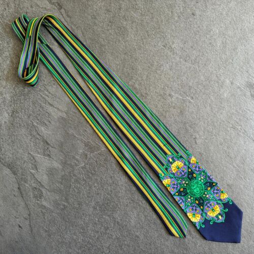 GIANNI VERSACE 1990s blue silk tie Floral Medusa Stripes print - Picture 10 of 12