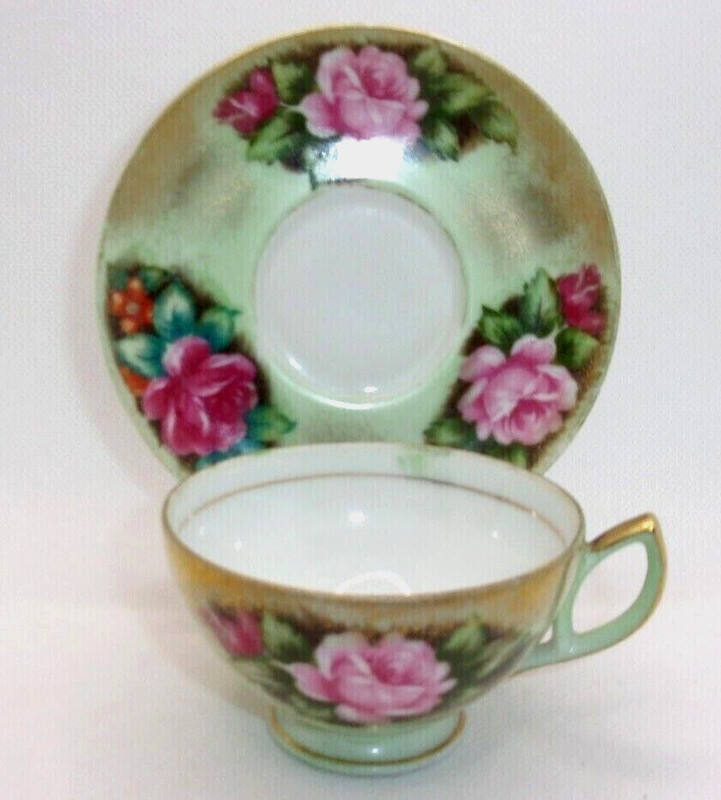 Vintage Lefton China Tea Cup and Saucer Pink Roses- Hand Painted