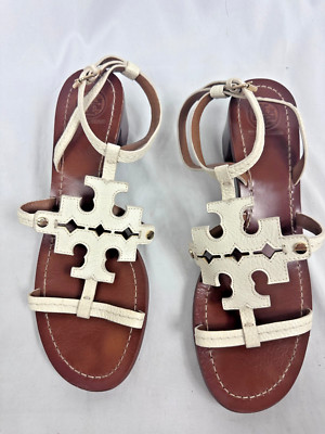 Tory Burch White Chandler Tumbled Leather Cork Heels Strappy Sandals Size 8.5M