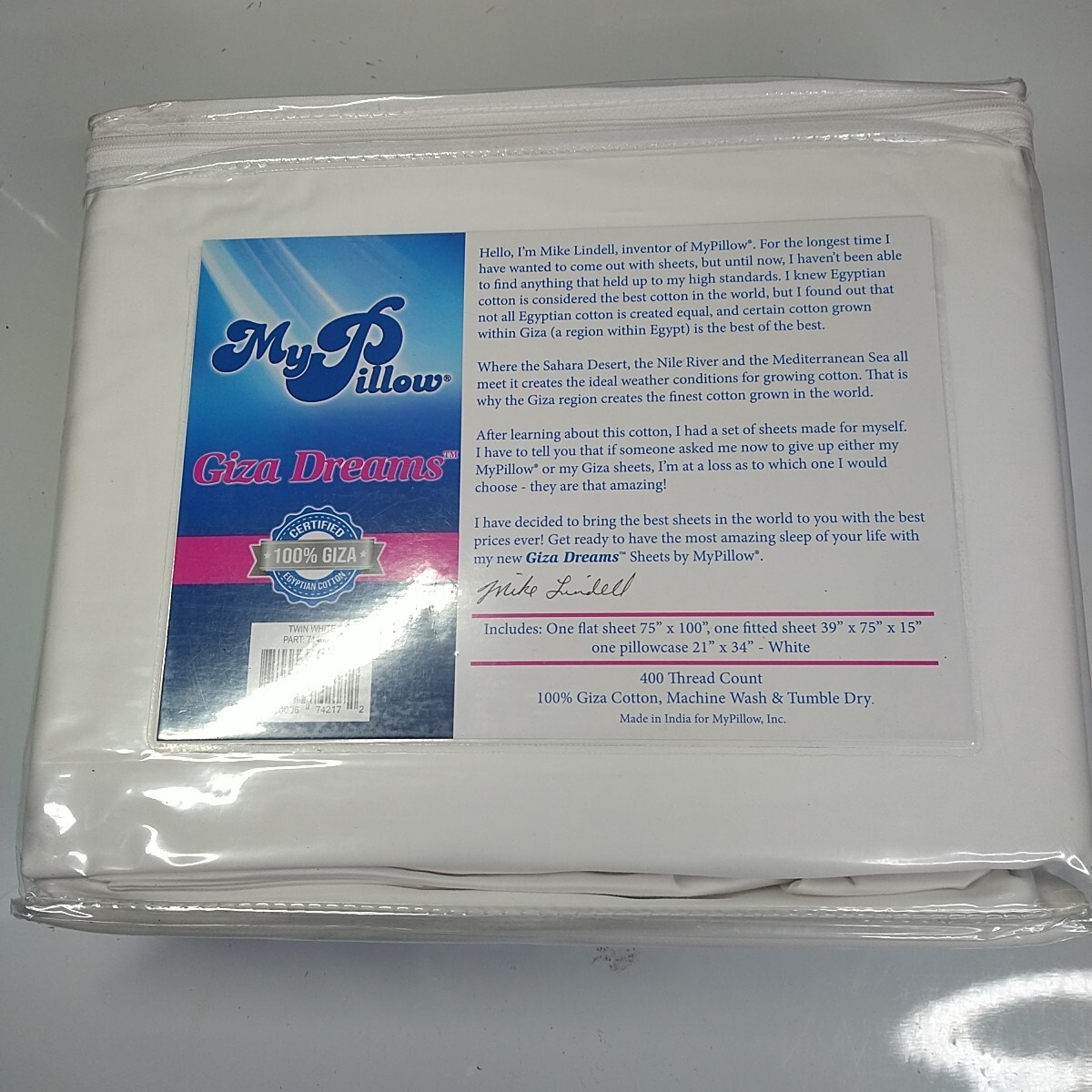 My Pillow Giza Dreams Twin White Sheet Set 400TC 100 Giza Eqyptian