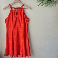 Crochet Dress Women's Mini Above Knee Lace Overlay Halter Red Orange Size 12