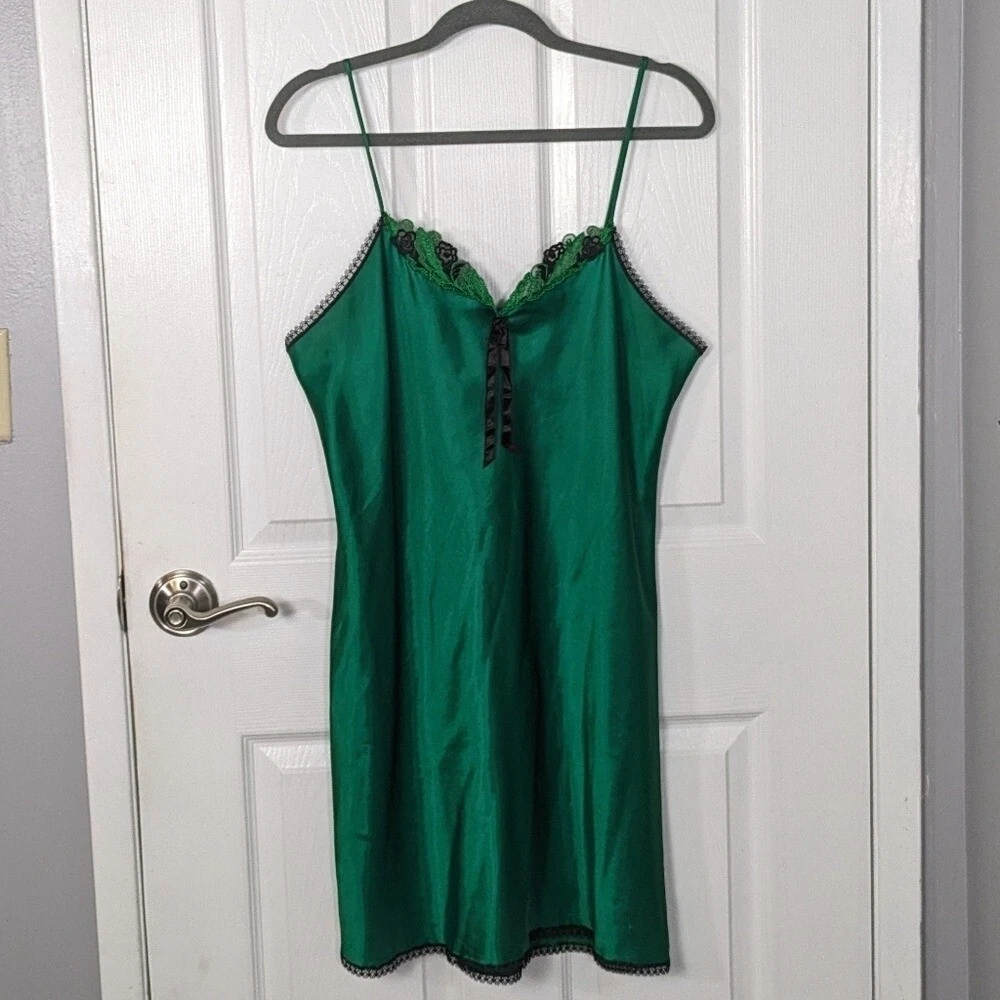 UNDERCOVER Abito slip vintage anni 80 sottocoperta verde intenso pizzo floreale raso taglia M