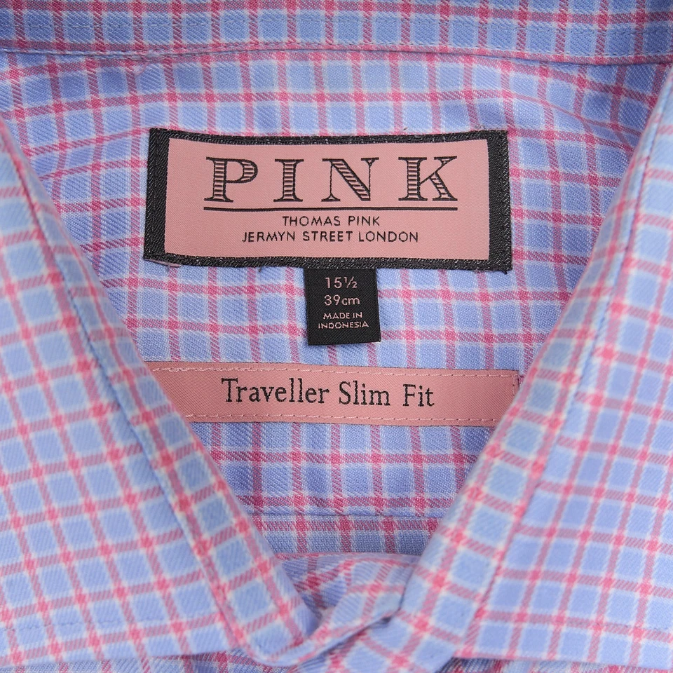 Thomas Pink Dress Shirt 15.5 Blue Pink Cotton Traveller Slim Fit Spread Collar - Image 4 of 4