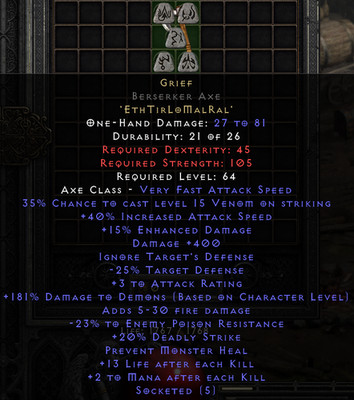 Grief Berserk Axe 15/3 40ias-400dmg Diablo 2 Resurrected (D2R)