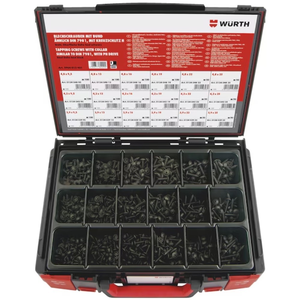 Würth® ORSY Self Tapping Screw Assortment 1500pc Pan Head Black Delta Seal