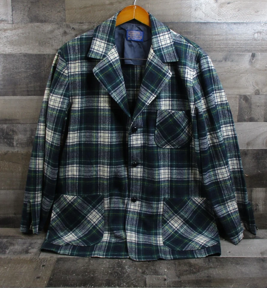 Blazer masculino vintage pendleton grande verde azul xadrez lã feito nos EUA jaqueta - Imagem 2 de 4