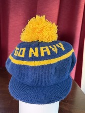 VTG Go Navy Beanie w/ Bill One Size Pom Beanie Blue Yellow Knit Made in USA