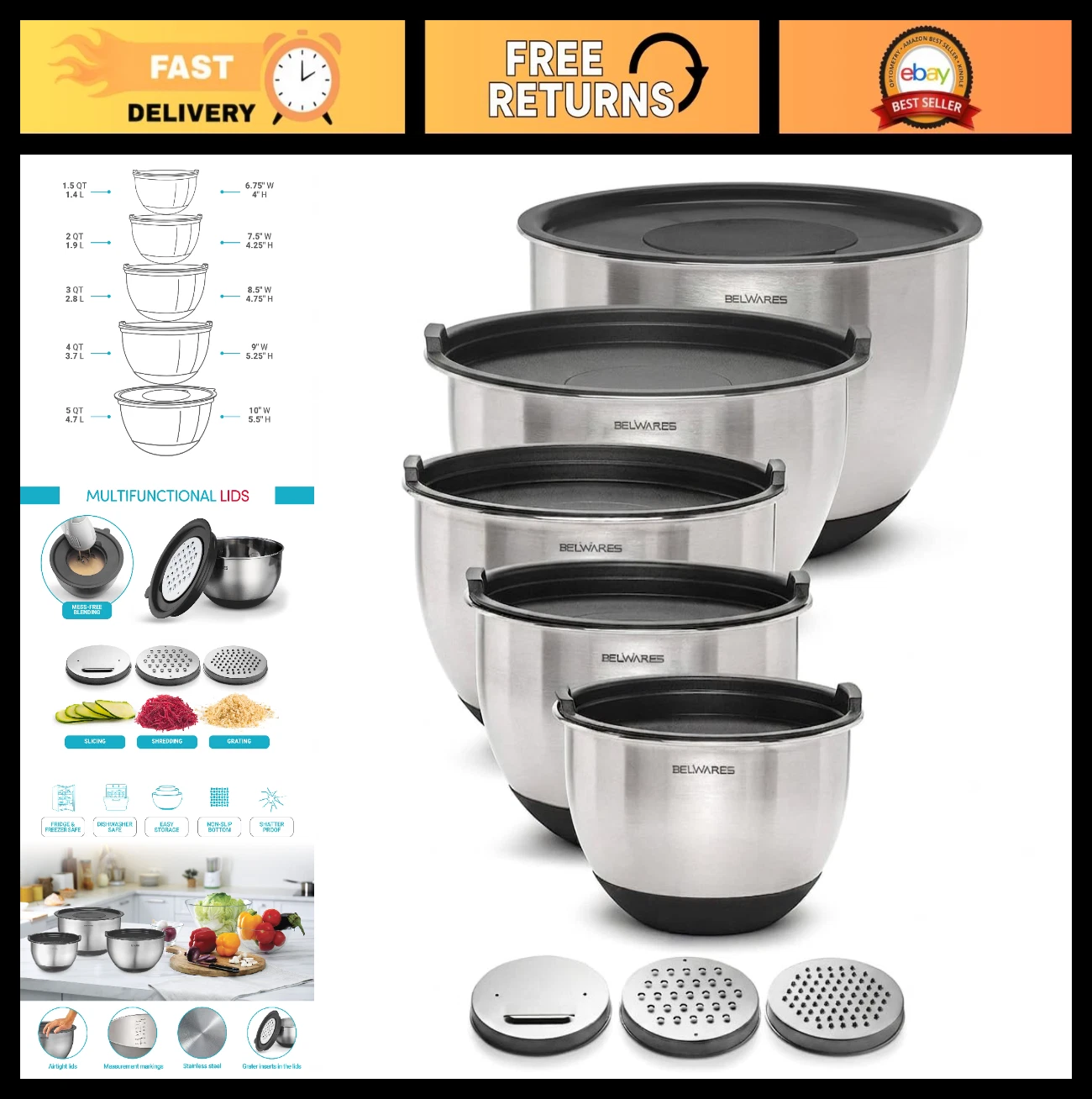 Set of 5 Stainless Steel Mixing Bowls with Lids - Nesting, Non-Slip, Airtight +