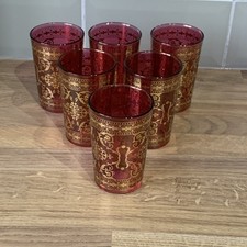 Italian Cranberry Coloured Aperitif Glass w/  Gold Tone Filigree Design Set of 6